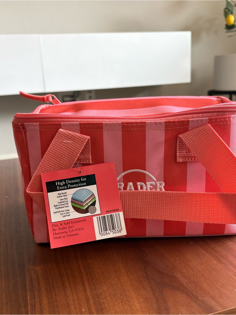 Trader Joe's Pink & Coral Striped Mini Insulated Cooler Bag - Picture 2 of 7